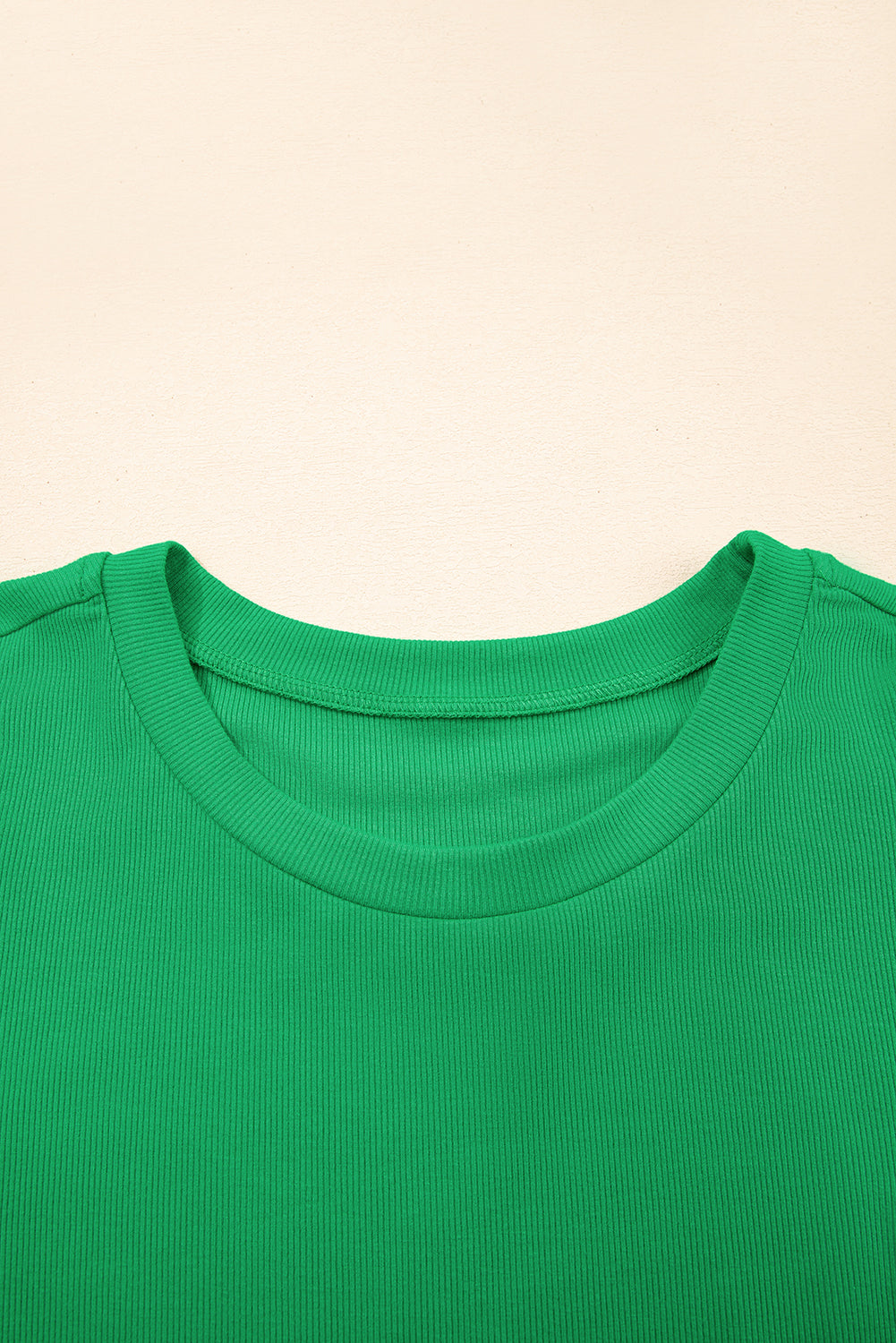 Bright Green Pearl Beaded Puff Sleeve Ribbed Top