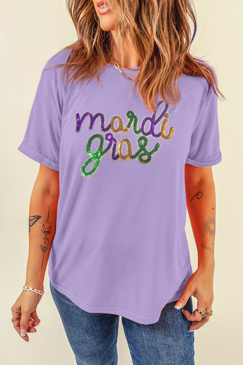 Wisteria Sequin mardi gras Letter Print Crewneck Tee